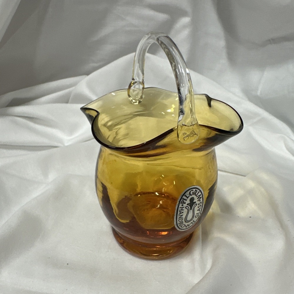 Hand Blown Amber Pilgrim Art Glass Basket Vase Clear‎ Applied Handle Wavy
